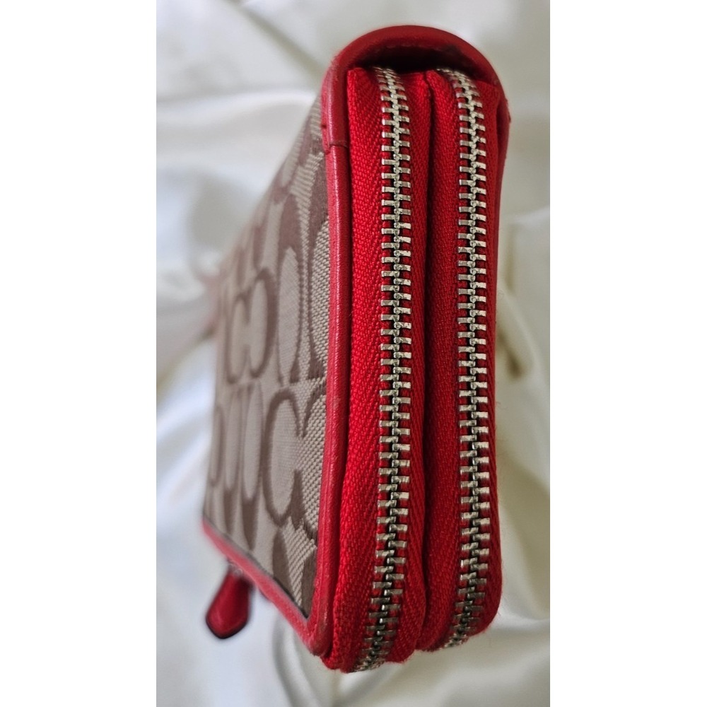 Coach DOUBLE Zip Medium Wallet Signature Canvas Brown with Red Leather Trim/Silv - Picture 5 of 11